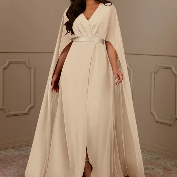 NEW Azazie Isa Champagne A Line V Neck Pleated Chiffon Dress - Picture 1 of 7